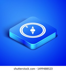 Isometric Wind rose icon isolated on blue background. Compass icon for travel. Navigation design. Blue square button. Vector Illustration
