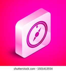 Isometric Wind rose icon isolated on pink background. Compass icon for travel. Navigation design. Silver square button. Vector Illustration