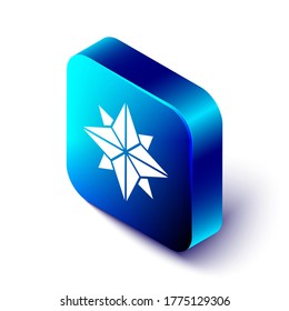 Isometric Wind rose icon isolated on white background. Compass icon for travel. Navigation design. Blue square button. Vector Illustration