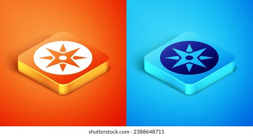 Isometric Wind rose icon isolated on orange and blue background. Compass icon for travel. Navigation design.  Vector