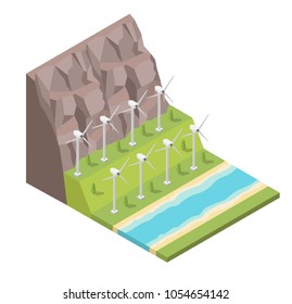 Isometric wind turbine green energy power generation with rock and river low poly vector elements