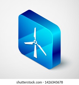 Isometric Wind turbine icon isolated on white background. Wind generator sign. Windmill silhouette. Windmill for electric power production. Blue square button. Vector Illustration
