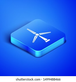 Isometric Wind turbine icon isolated on blue background. Wind generator sign. Windmill silhouette. Windmill for electric power production. Blue square button. Vector Illustration
