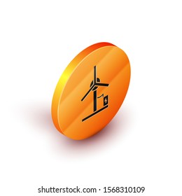 Isometric Wind turbine icon isolated on white background. Wind generator sign. Windmill for electric power production. Orange circle button. Vector Illustration