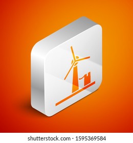 Isometric Wind turbine icon isolated on orange background. Wind generator sign. Windmill for electric power production. Silver square button. Vector Illustration