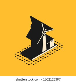 Isometric Wind turbine icon isolated on yellow background. Wind generator sign. Windmill for electric power production.  Vector Illustration