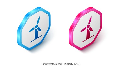 Isometric Wind turbine icon aislado en fondo blanco. Signo del generador de viento. Molino de viento para la producción de energía eléctrica. Botón hexagonal. Vector