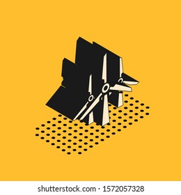 Isometric Wind turbines icon isolated on yellow background. Wind generator sign. Windmill silhouette. Windmills for electric power production.  Vector Illustration