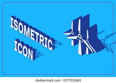 Isometric Wind turbines icon isolated on blue background. Wind generator sign. Windmill silhouette. Windmills for electric power production.  Vector Illustration