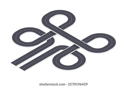 Isometric winding road. City map road, roadmap pathway, asphalt road crossroad 3d vector illustration. Roadmap pathway