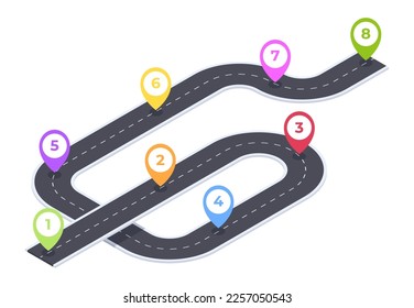 Isometric winding road infographic. Timeline road navigation, city map 8 steps timeline road, roadmap pathway 3d vector illustration on white background