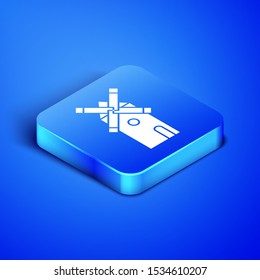 Isometric Windmill icon isolated on blue background. Blue square button. Vector Illustration