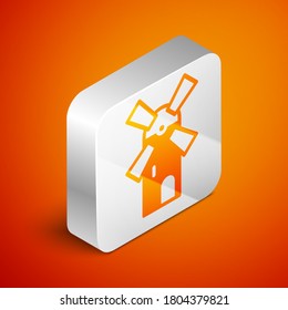 Isometric Windmill icon isolated on orange background. Silver square button. Vector.