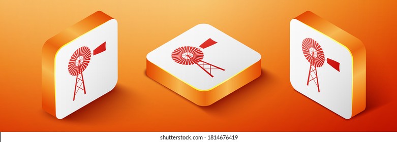 Isometric Windmill icon isolated on orange background. Orange square button. Vector.