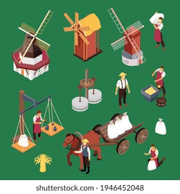 Isometric windmills color set with isolated human characters of agricultural workers and icons of mill facilities vector illustration