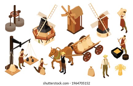 Isometric windmills rural set with isolated icons of mill buildings with characters of workers and horse vector illustration