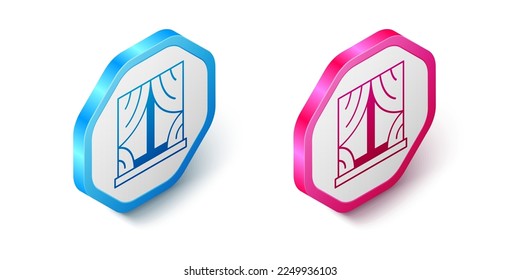 Isometric Window with curtains in the room icon isolated on white background. Hexagon button. Vector
