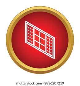 Isometric window frame with glass panes inside a bold red circle with a golden rim