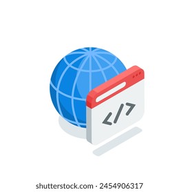 isometric window with program code icon and globe, in color color on a white background, seo or web development or internet page