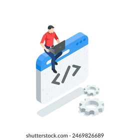 isometric window with program code icon and man with a laptop, in color color on a white background, seo or web development or internet page