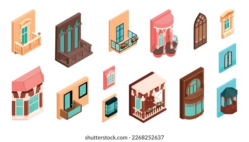 Isometric windows balconies house facade set with isolated icons of various architectural solutions on blank background vector illustration