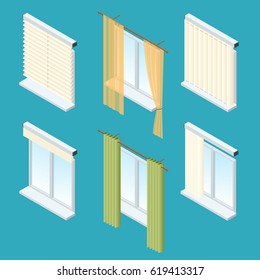 Isometric windows, curtains, drapery, shades, blinds. Vector collection of various window treatments