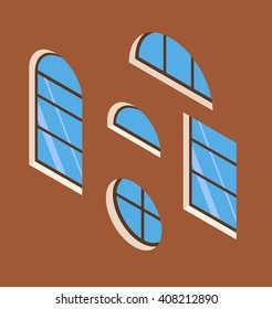 isometric windows, isometric house elements, isometric windows on the wall, house constructor, house elements, different windows, isometric blue windows, windows  on brown, brown wall, circle window