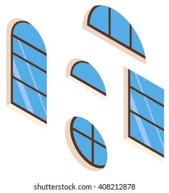 isometric windows, isolated  house elements, isometric windows on the wall, house constructor, house elements, different windows, isometric blue windows, windows  on white wall, circle window