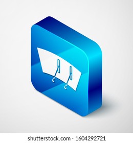Isometric Windscreen wiper icon isolated on white background. Blue square button. Vector Illustration