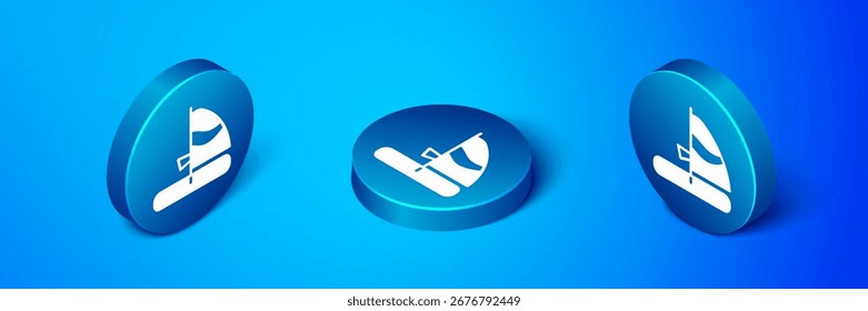 Isometrisches Windsurf-Symbol einzeln auf blauem Hintergrund. Blauer Kreis-Knopf. Vektorgrafik