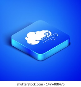 Isometric Windy weather icon isolated on blue background. Cloud and wind. Blue square button. Vector Illustration