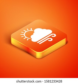 Isometric Windy weather icon isolated on orange background. Cloud with sun and wind.  Vector Illustration