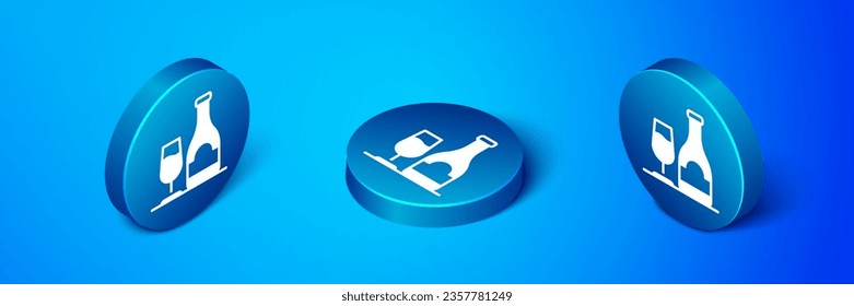 Isometric Wine bottle with glass icon isolated on blue background. Blue circle button. Vector