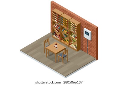 Isometric wine cellar interior with bottle rack, tasting table, chairs and climate control, showing organized storage and degustation concept for home collection, sommelier or winery use