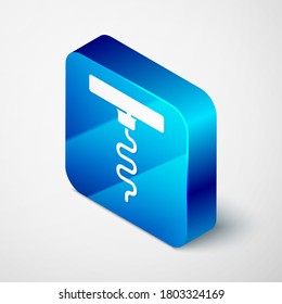 Isometric Wine corkscrew icon isolated on grey background. Blue square button. Vector.