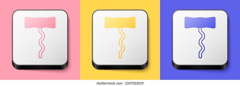 Isometric Wine corkscrew icon isolated on pink, yellow and blue background. Square button. Vector