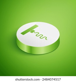 Isometric Wine corkscrew icon isolated on green background. White circle button. Vector