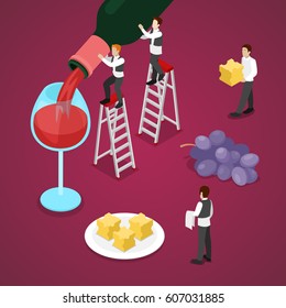 Degustación de vino isométrica con botella, uva y pequeño sumiller. Ilustración plana vectorial 3d