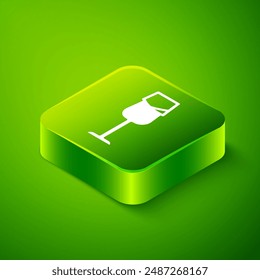Isometric Wine glass icon isolated on green background. Wineglass sign. Green square button. Vector