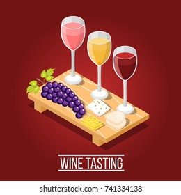 Isometric wine production background with images of wooden carving board wine glasses grape and cheese pieces vector illustration