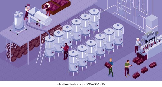 Isometric wine production composition shop at the winery where the wine is fermented vector illustration