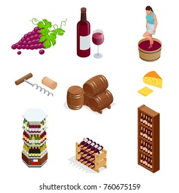 Isometric wine production icons collection. Vector illustration isolated on white background