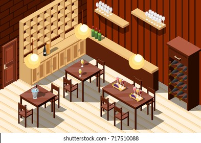 Isometric wine restaurant indoor composition with room interior shelves with bottles and served tables with chairs vector illustration