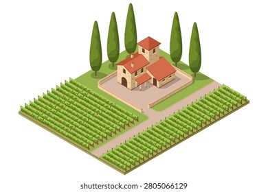Isometric winery building with vineyard rows. Industrial wine production illustration shows vinification, storage and farm business
