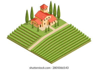 Isometric winery building with vineyard rows. Industrial wine production illustration shows vinification, storage and farm business