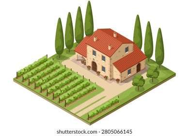 Isometric winery building with vineyard rows. Industrial wine production illustration shows vinification, storage and farm business
