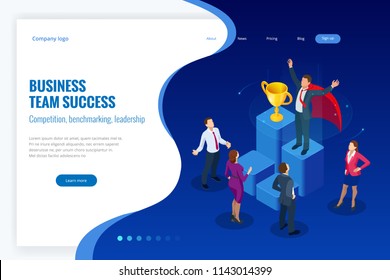 Isometric Winner Business And Achievement Concept. Business Success. Big Trophy For Businessmen.