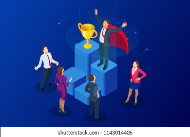 Isometric Winner Business And Achievement Concept. Business Success. Big Trophy For Businessmen.