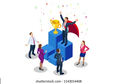 Isometric Winner Business And Achievement Concept. Business Success. Big Trophy For Businessmen.