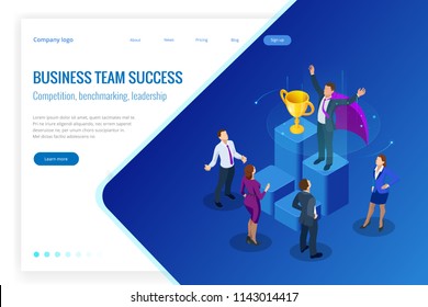 Isometric winner business and achievement concept. Business success. Big trophy for businessmen.